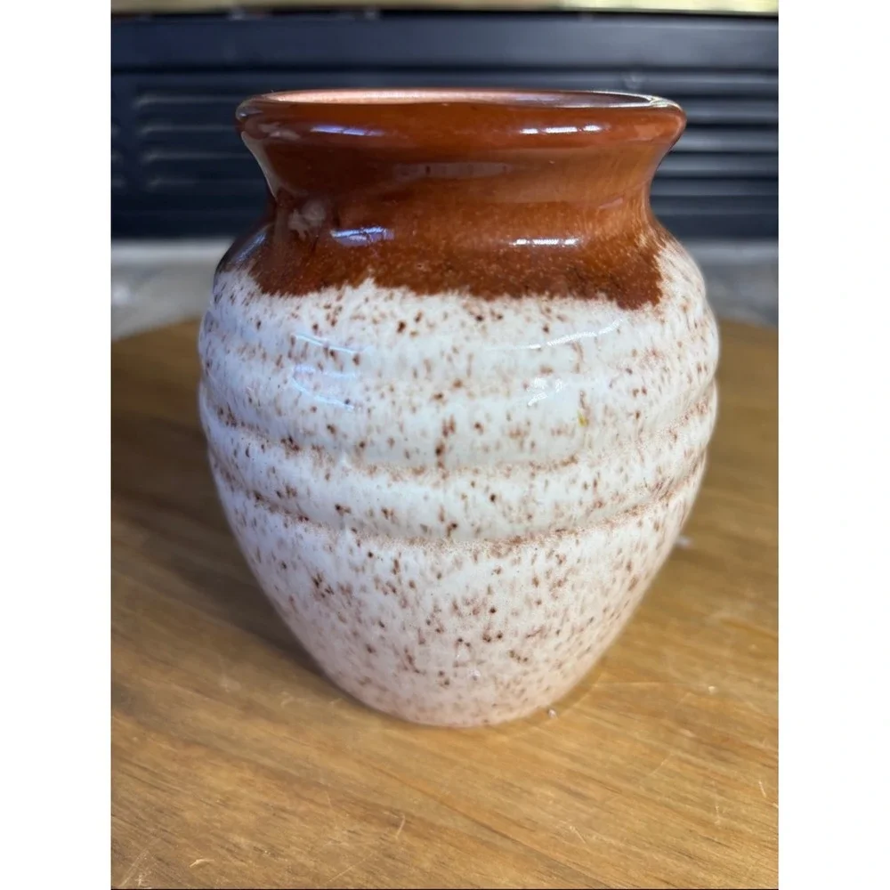 Vintage Handcrafted Speckled Ceramic Vase‎ Cream & Brown Rustic MCM 4.75